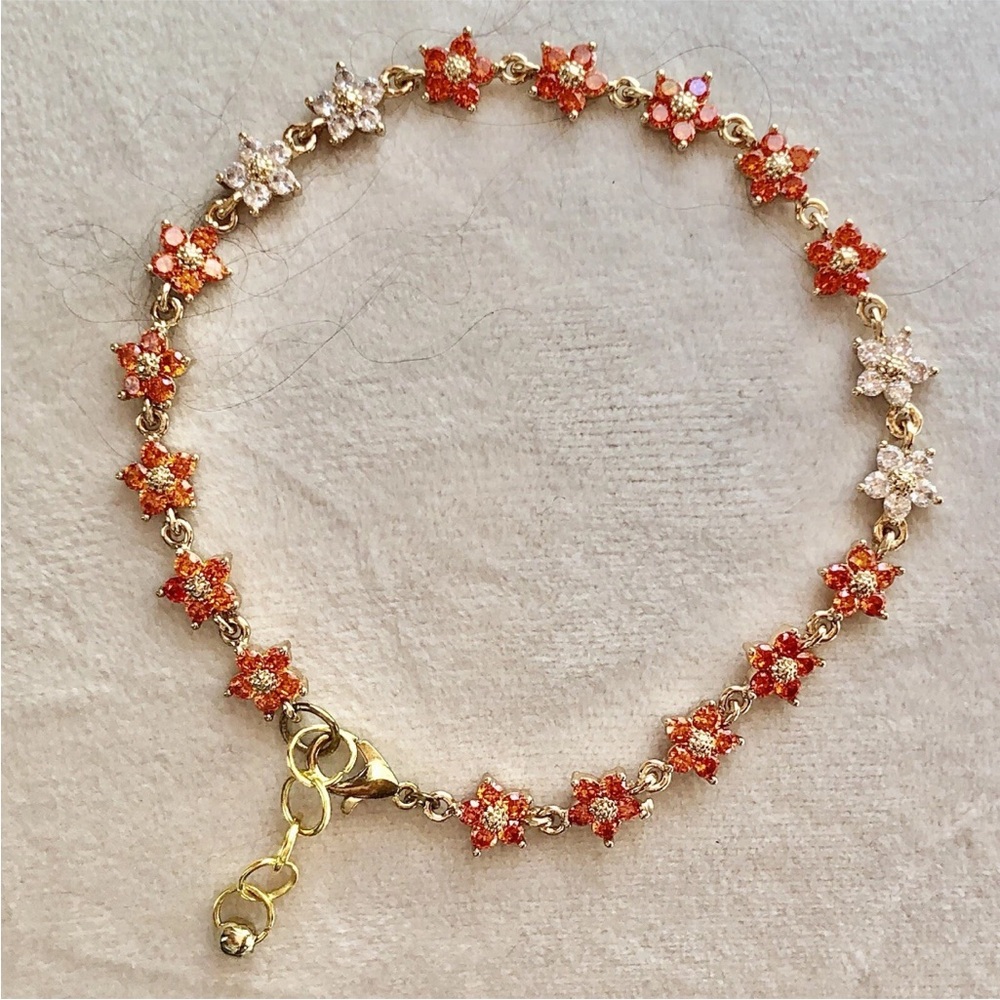18K gold plated bracelet,white/orange cubic zirconia flowers.8”long,extendable.